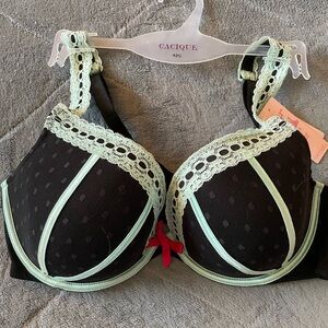 Cacique/Lane Bryant Black Plunge Bra with Mint Lace Trim and Pink Bow